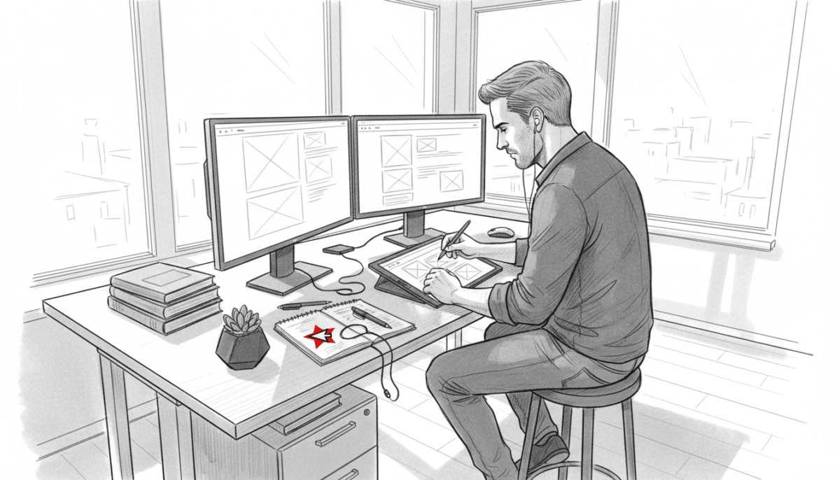 Projektant stron internetowych pracuje przy biurku nad nową grafiką cyfrową.