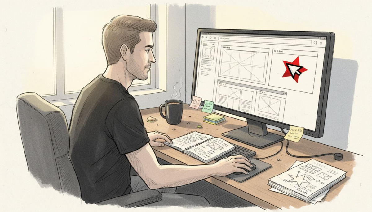 Webdesigner pracuje przy biurku w nowoczesnym, jasnym biurze