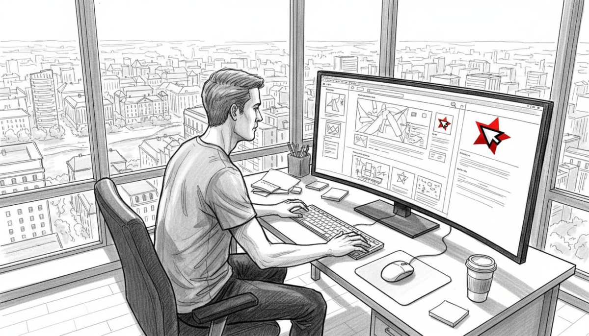 Projektant stron internetowych ocenia przygotowane makiety nowej strony firmowej.