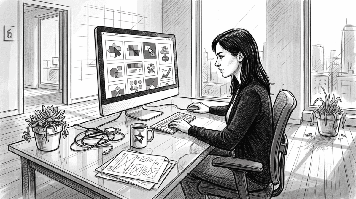 Projektant stron internetowych pracujący w jasnym, słonecznym biurze.