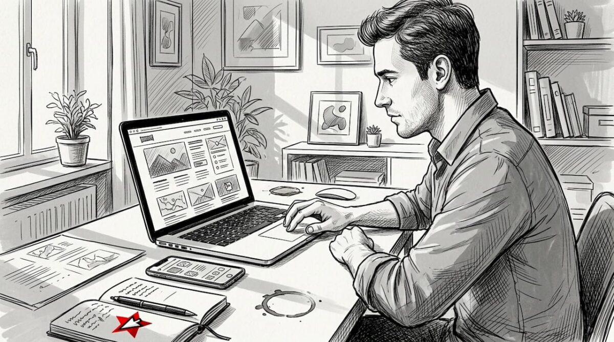 Pracownik siedzi przy biurku i przegląda firmową stronę internetową.