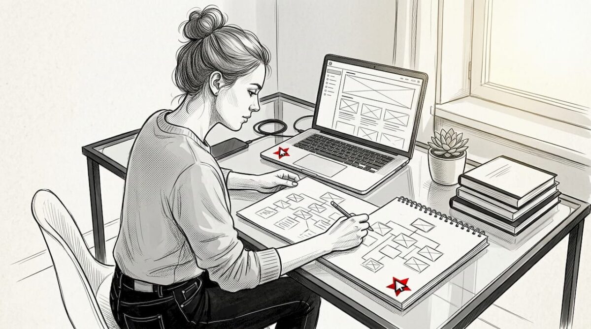 Projektant pracuje nad planem, korzystając z laptopa i notatnika