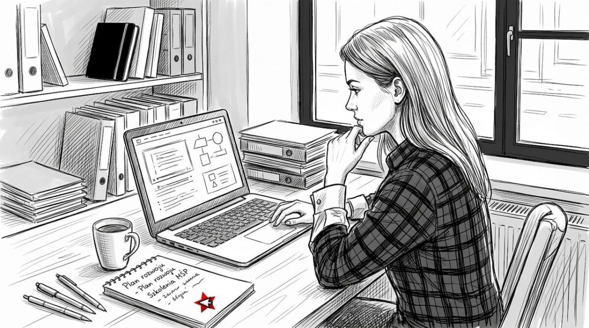 Kobieta prowadząca własną firmę siedzi przy biurku i pracuje na laptopie.