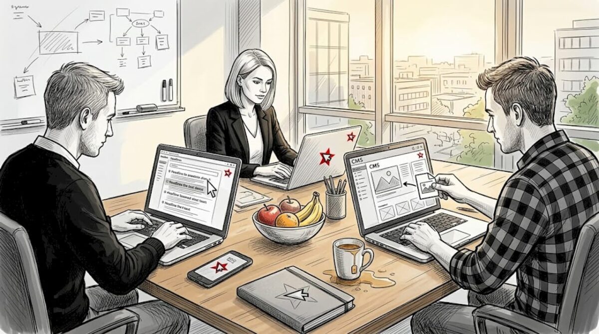 Nasz zespół codziennie pracuje w biurze, korzystając z laptopów i systemu CMS do zarządzania treściami.