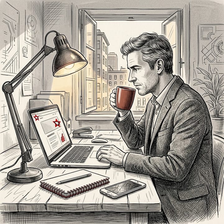 Mężczyzna siedzi przy biurku i pracuje na laptopie.