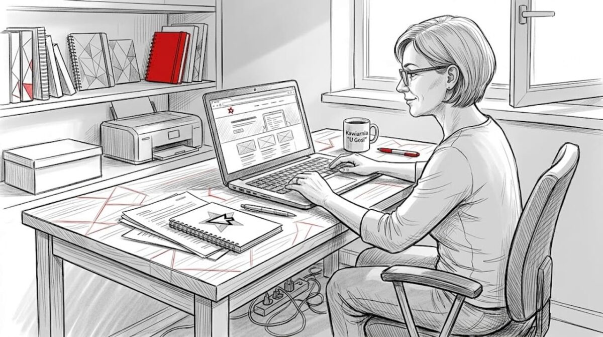 Właścicielka firmy zarządza stroną internetową za pomocą CMS, pracując w swoim domowym biurze.